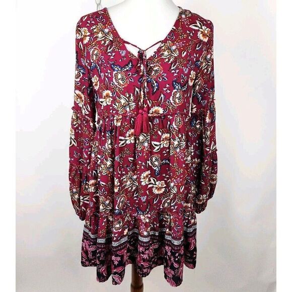 Altar'd State Magenta Floral Puff Sleeve Open Back Tie Front Peasant Dress S - Picture 1 of 7